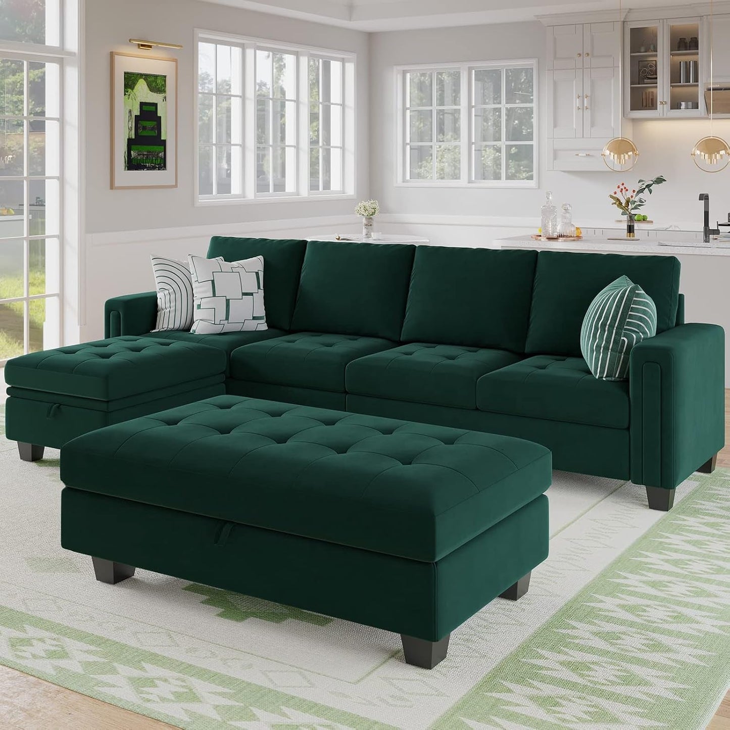 Velvet Convertible 4-Seat Sectional Sofa with Reversible Chaise L Shaped Sofa Couch Furniture Sets Sectional Couch with Storage Ottoman Green-2