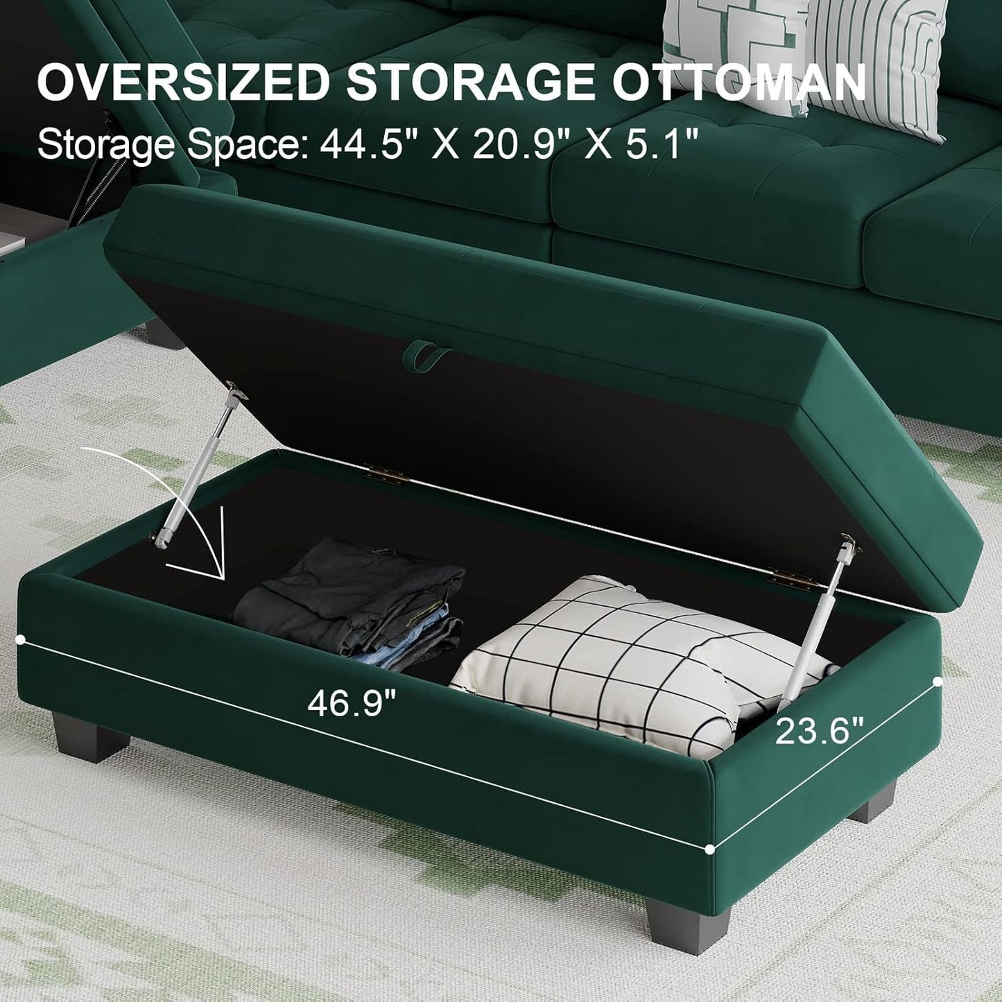 Velvet Convertible 4-Seat Sectional Sofa with Reversible Chaise L Shaped Sofa Couch Furniture Sets Sectional Couch with Storage Ottoman Green-4