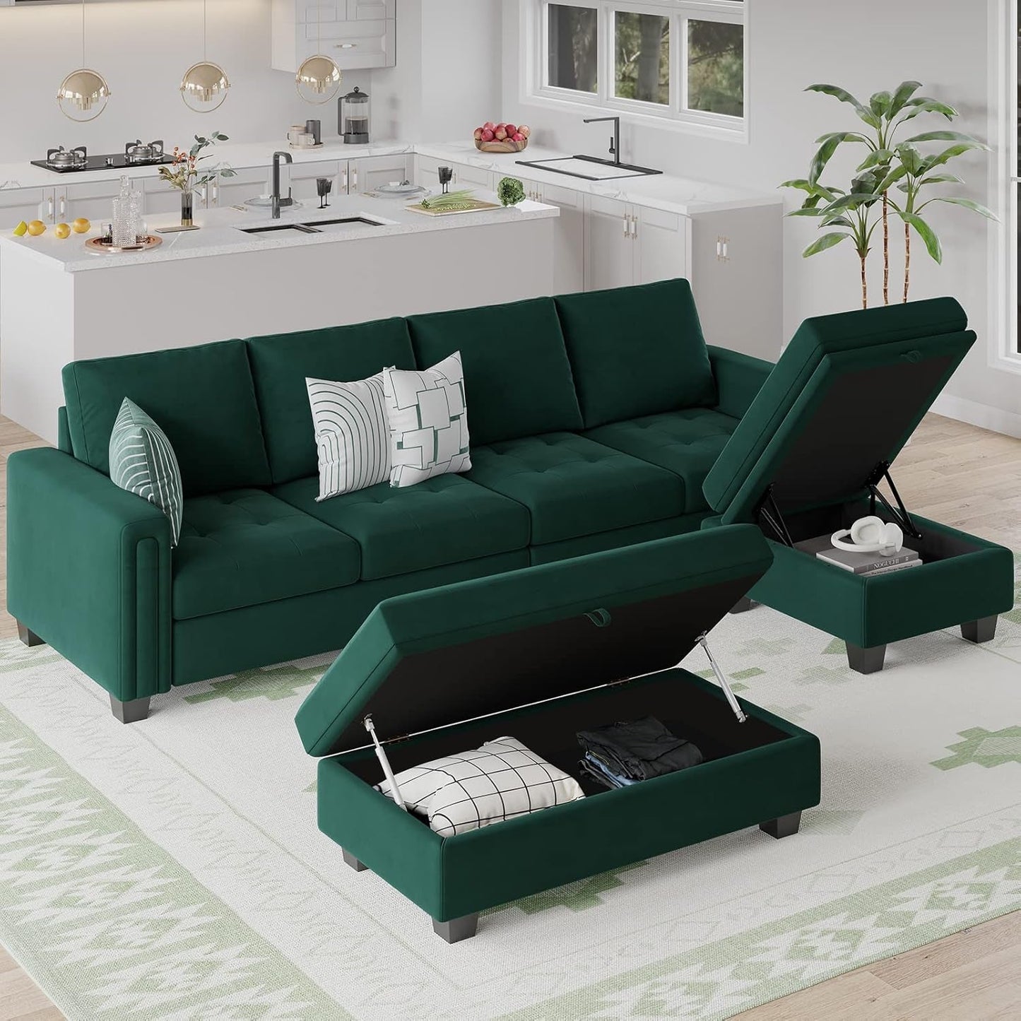 Velvet Convertible 4-Seat Sectional Sofa with Reversible Chaise L Shaped Sofa Couch Furniture Sets Sectional Couch with Storage Ottoman Green-3
