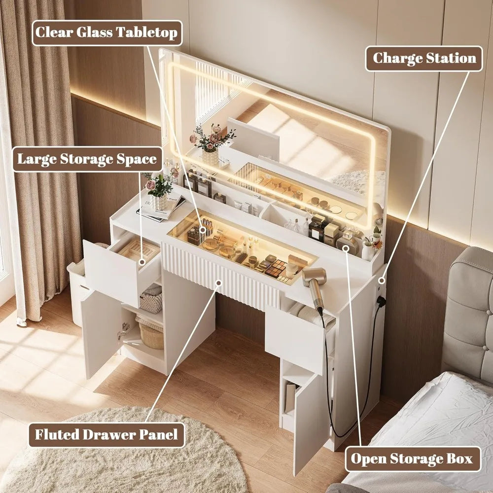 44" Vanity Desk with Large Mirror and Lights, Modern Glass Top Makeup Vanity Set with Power Outlet, 3 Drawers and 2 Cabinets