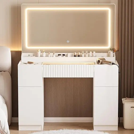 44" Vanity Desk with Large Mirror and Lights, Modern Glass Top Makeup Vanity Set with Power Outlet, 3 Drawers and 2 Cabinets