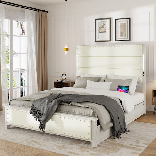 Queen Size Bed Frame With Upholstered Headboard And 4 Storage Drawers