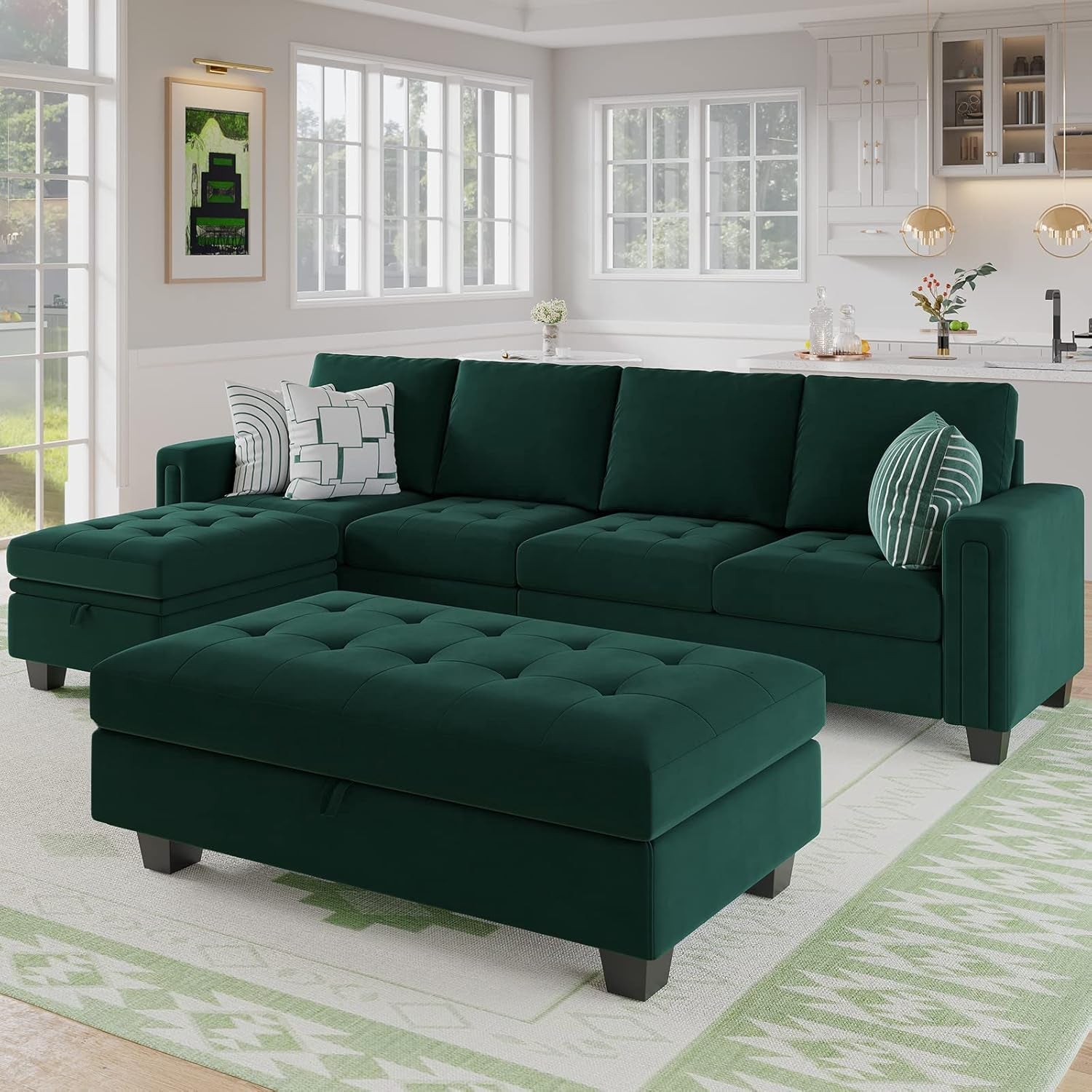 Velvet Convertible 4-Seat Sectional Sofa with Reversible Chaise L Shaped Sofa Couch Furniture Sets Sectional Couch with Storage Ottoman Green-2