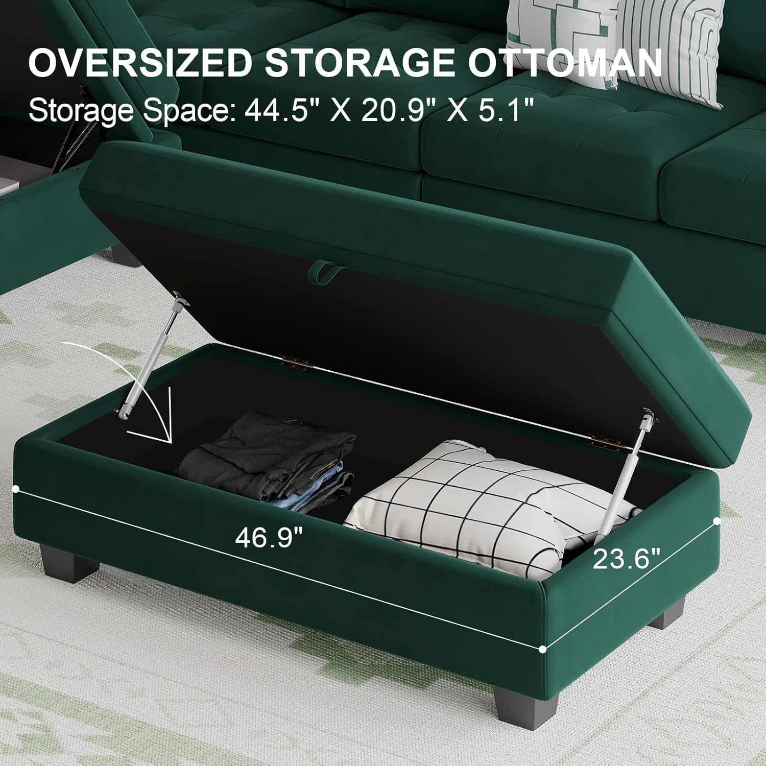 Velvet Convertible 4-Seat Sectional Sofa with Reversible Chaise L Shaped Sofa Couch Furniture Sets Sectional Couch with Storage Ottoman Green-4
