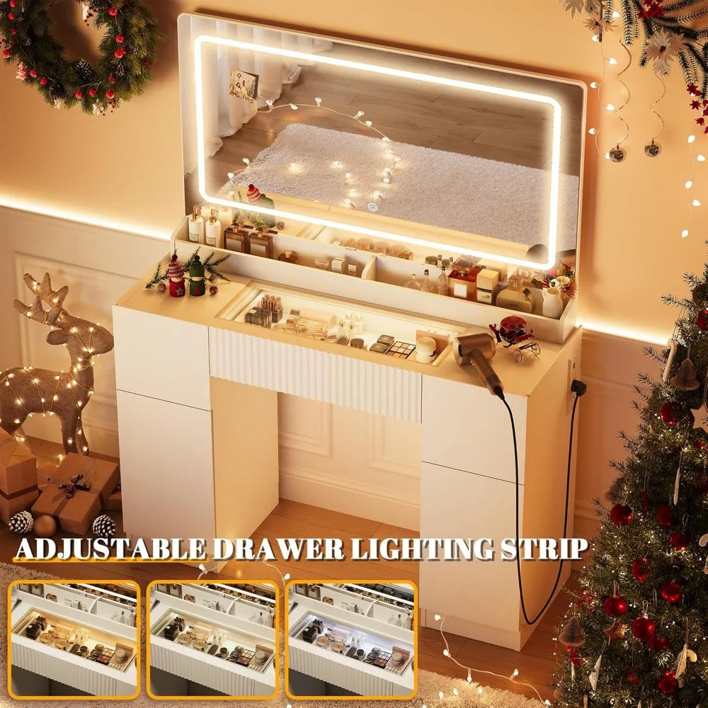 44" Vanity Desk with Large Mirror and Lights, Modern Glass Top Makeup Vanity Set with Power Outlet, 3 Drawers and 2 Cabinets