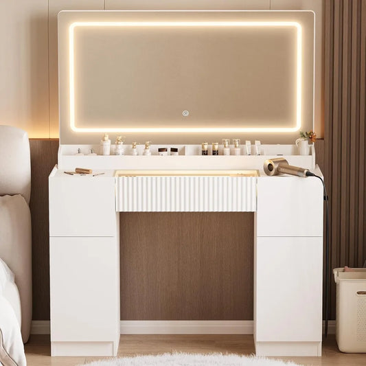 44" Vanity Desk with Large Mirror and Lights, Modern Glass Top Makeup Vanity Set with Power Outlet, 3 Drawers and 2 Cabinets